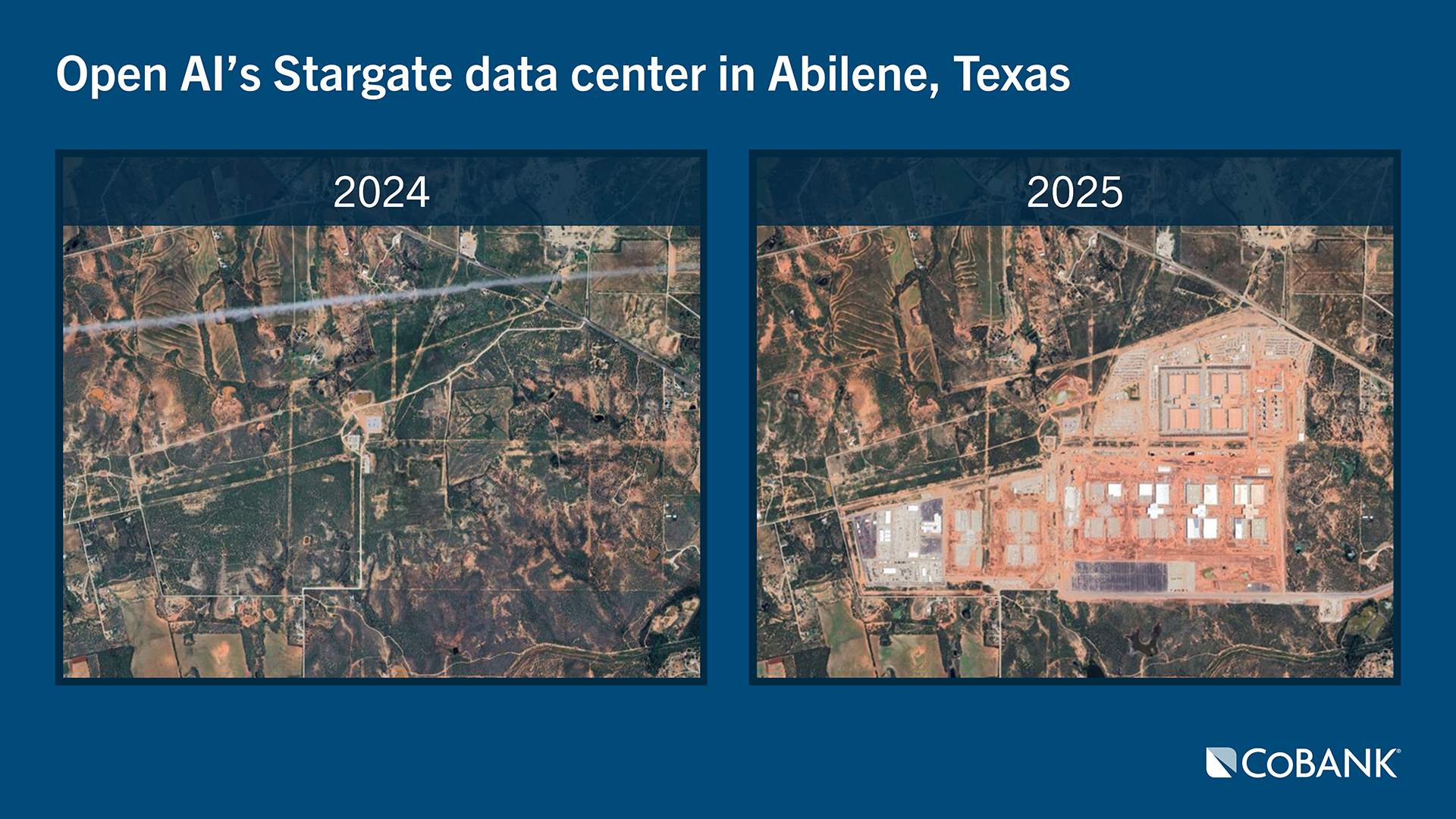 Side-by-side satellite images showing the expansion of OpenAI’s Stargate data center site in Abilene, Texas, comparing undeveloped land in 2024 with active construction in 2025